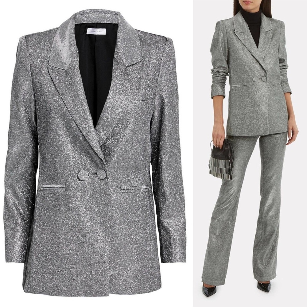 Anine Bing Ace Double Breasted Glitter Silver Gunmetal Blazer XS Work Attire
